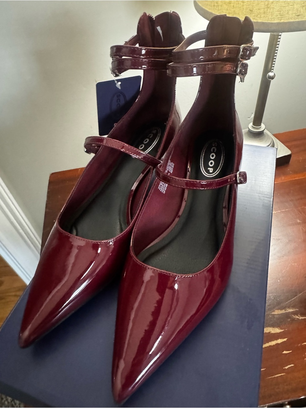 COOP Burgundy Patent Pointed-Toe Heels with Double Ankle Straps
